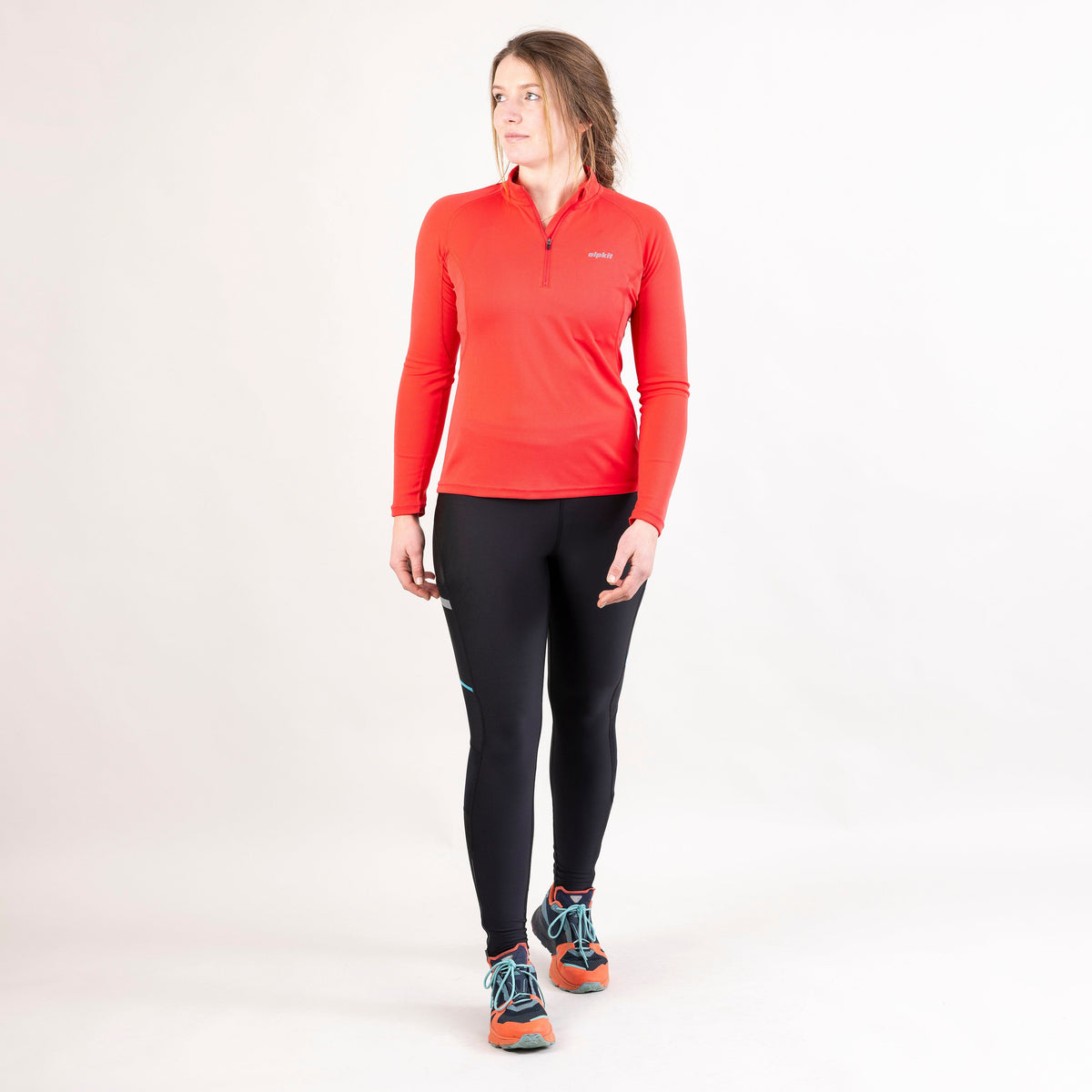 womens Alpkit Koulin trail long sleeve zip baselayer in watermelon outfit
