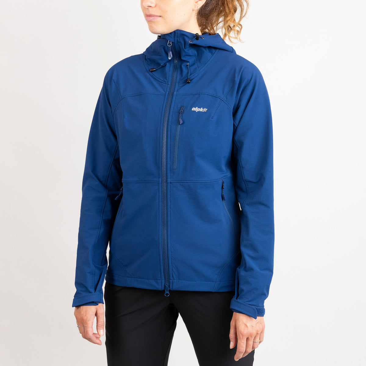 alpkit womens resolute softshell jacket in memo blue front - closed