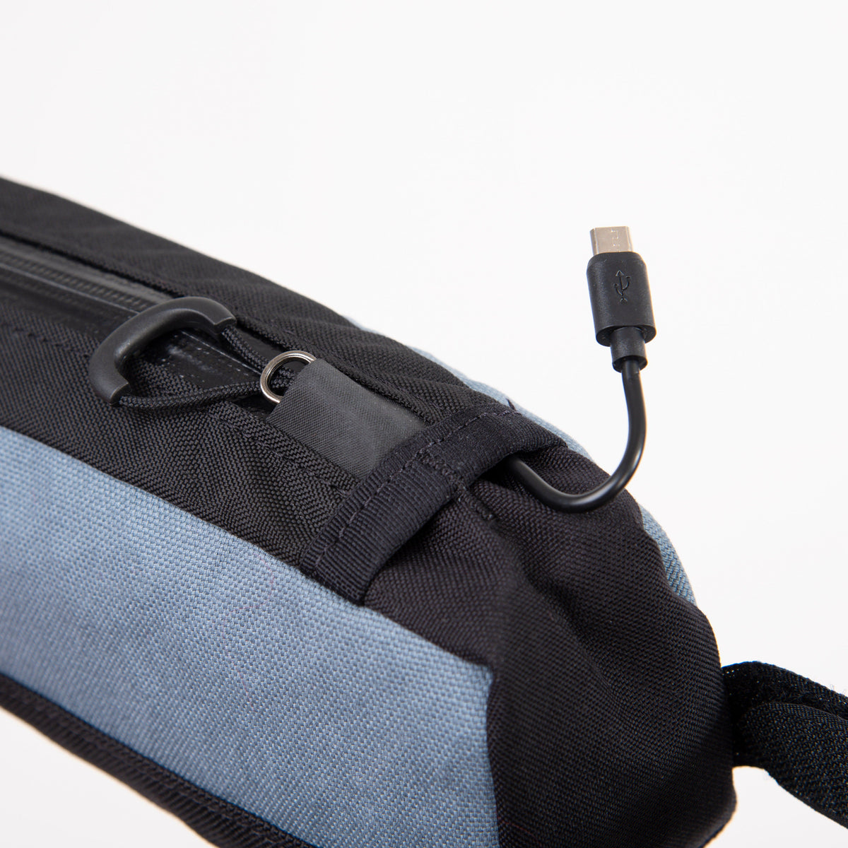 alpkit fuel pod long top tube bag for bikepacking in storm grey cable port