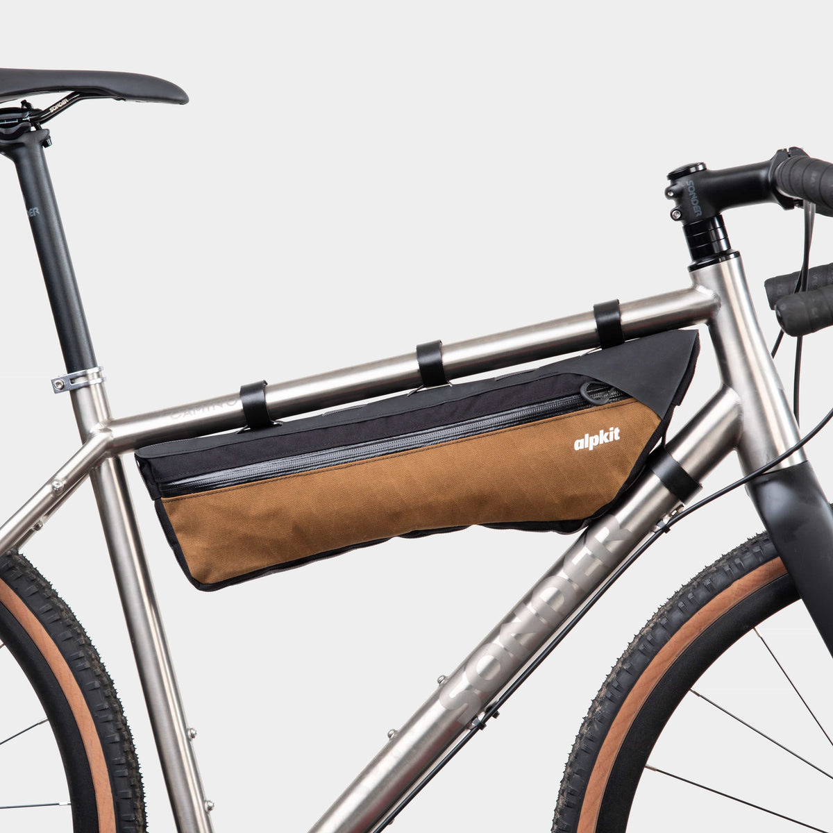 alpkit glider frame bag for bike packing in mountain brown