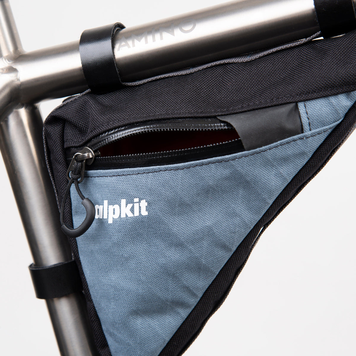 alpkit wombat rear framebag in storm grey open