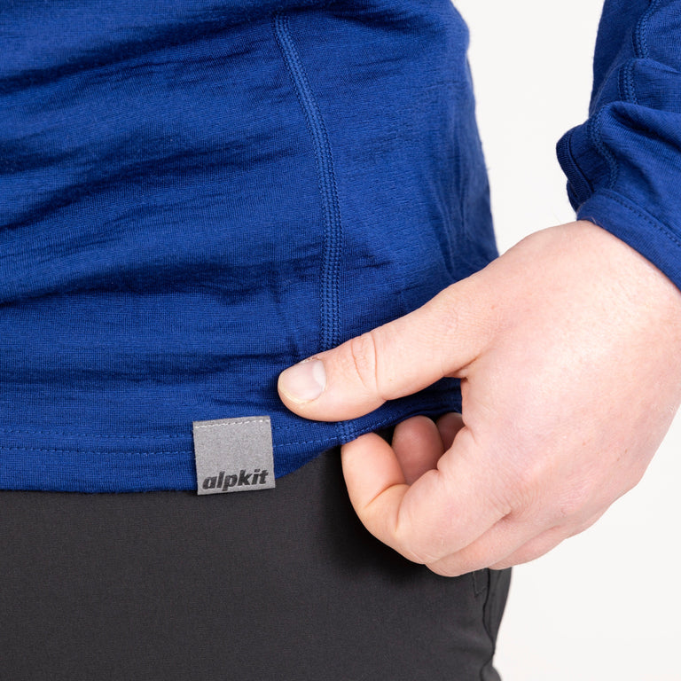 alpkit mens Kepler long sleeve merino baselayer in navy blue logo|tf