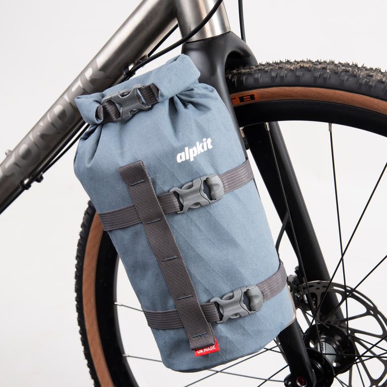 alpkit belongs fork cage bikepacking bag in storm grey side